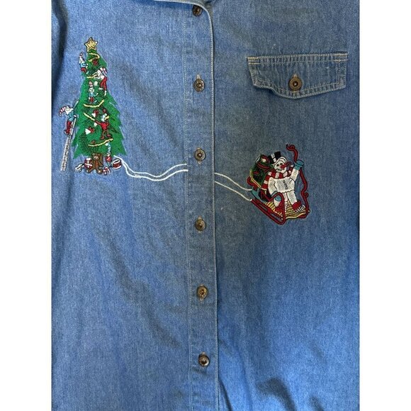 Vintage Christmas Denim Button Down Shirt Embroidered long Sleeve, Size L - Picture 5 of 10